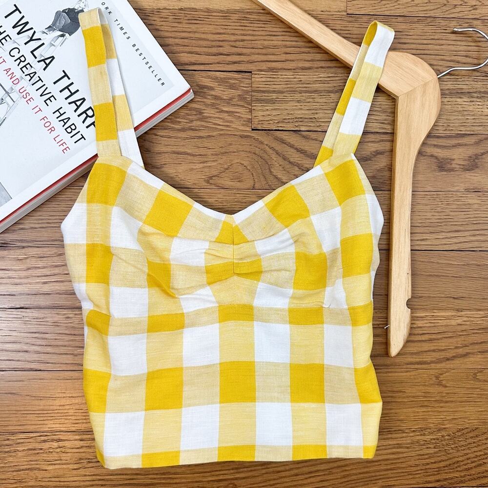 Pleguezuelos Yellow & White Checkered Smocked Back Sleeveless Blouse
